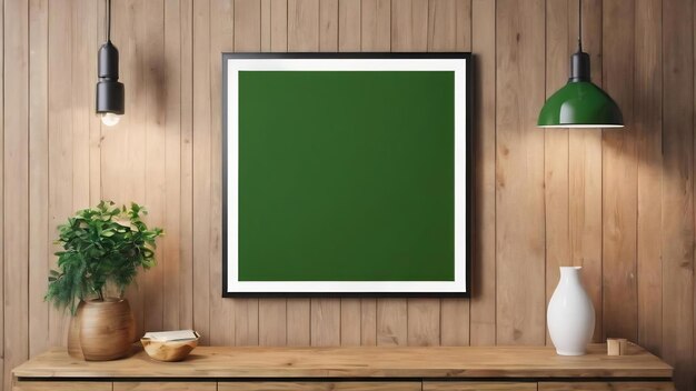 Cadre photo de maquette mur vert monté sur l'armoire en bois