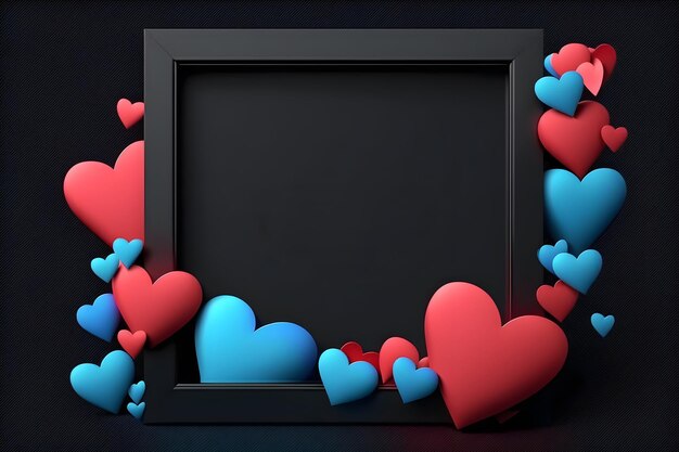 Cadre photo noir avec des cœurs bleus et rouges modèle de la Saint-Valentin