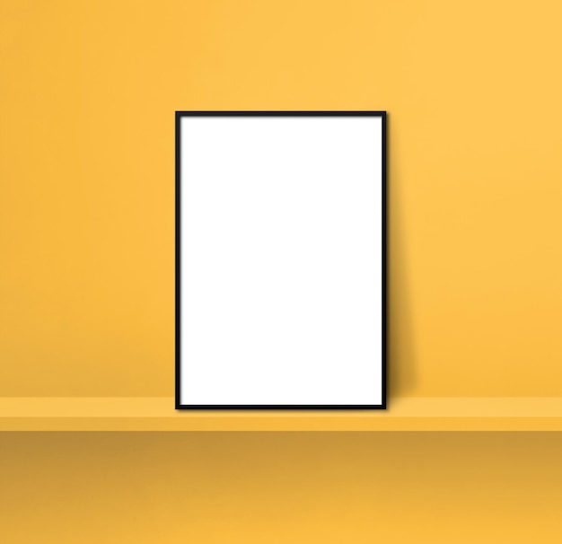 Cadre photo noir s'appuyant sur une étagère jaune Illustration 3d Modèle de maquette vierge Fond carré