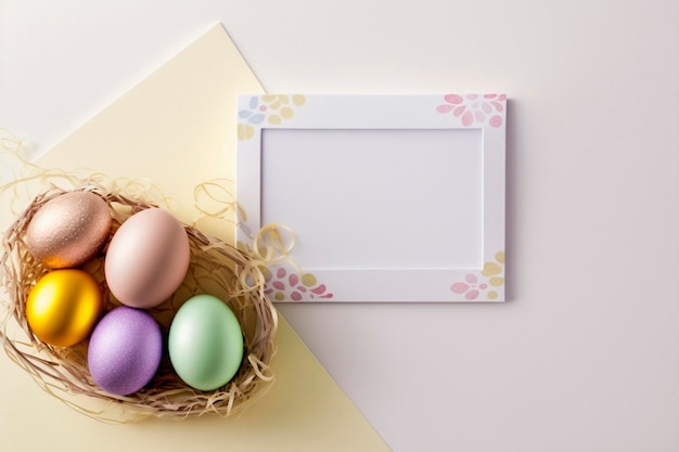 Un cadre photo avec des oeufs colorés et une carte vierge pour Pâques.