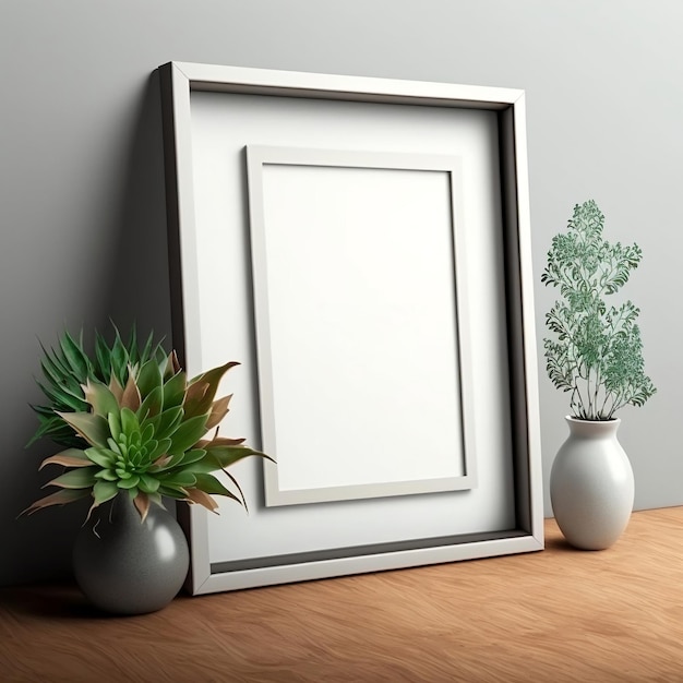 Un cadre photo avec une plante dedans à côté d'un vase avec une plante dedans.