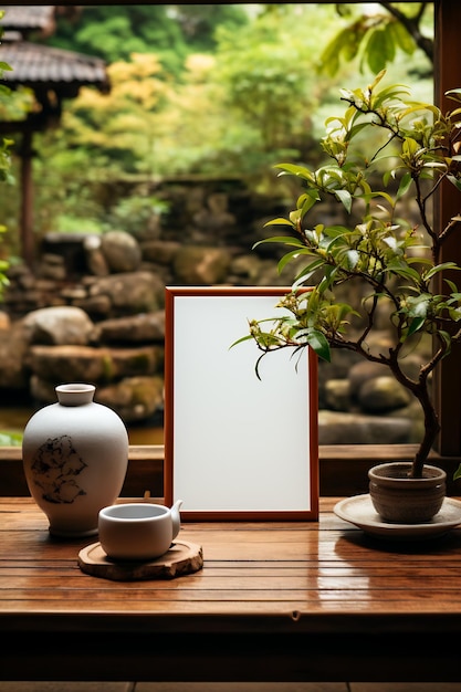 Cadre photo posé sur une table à côté d'un vase IA générative