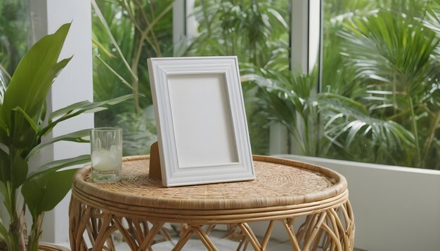 cadre photo reposant sur une table latérale en rotin dans une salle de soleil d'inspiration tropicale avec une nature verdoyante