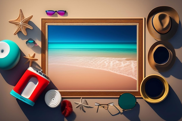 Un cadre photo avec une scène de plage et des lunettes de soleil dessus.