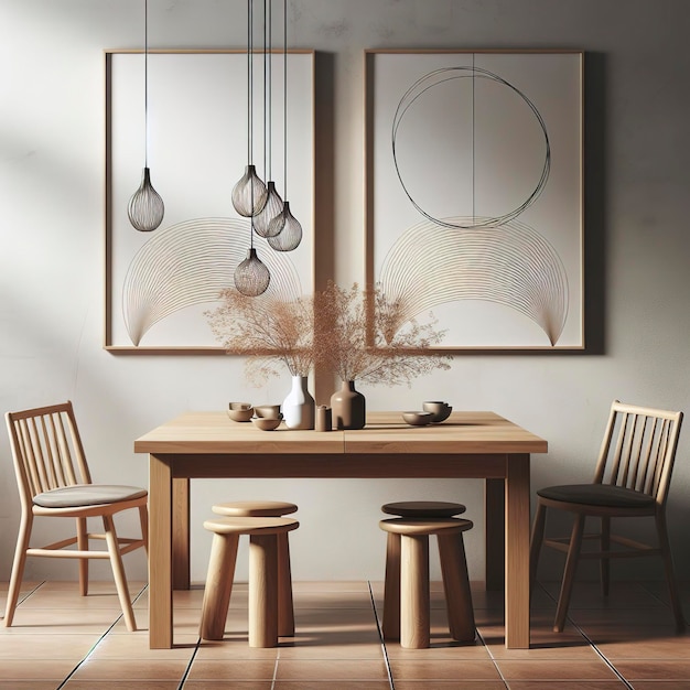 Cadre photo simulé dans la salle à manger avec des chaises en bois et une table