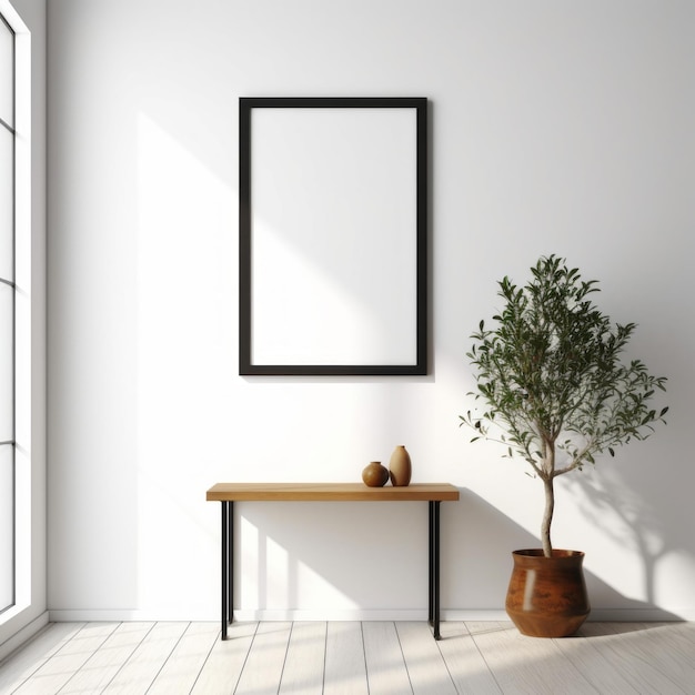 Cadre photo table basse sur mur blanc