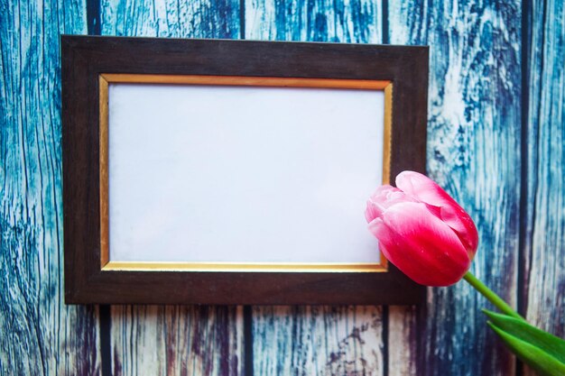 Cadre photo de tulipes roses et blanches sur fond en bois espace de copie pour le texte carte de vœux de la fête des mères ou de Pâques