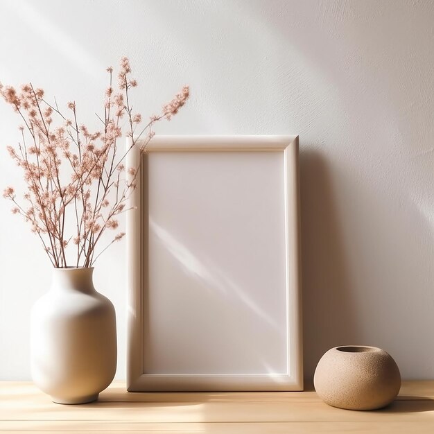 Un cadre photo et un vase avec des fleurs dedans