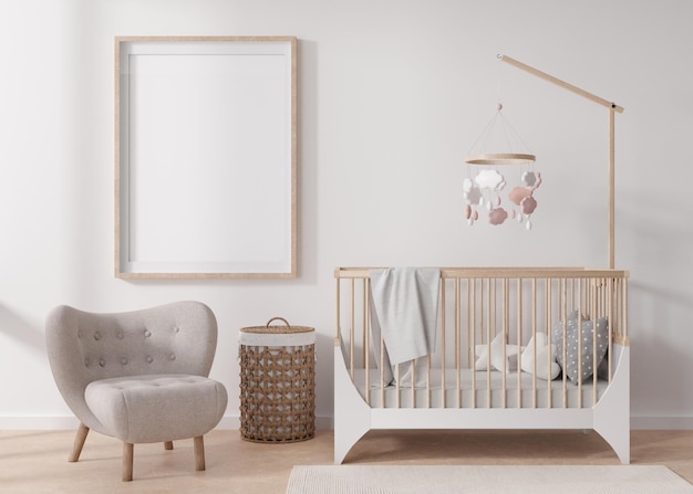 Cadre photo vertical vide sur un mur blanc dans une chambre d'enfant moderne Maquette d'intérieur dans un style scandinave Espace de copie gratuit pour votre photo Fauteuil lit bébé Chambre confortable pour enfants rendu 3D