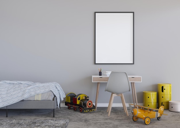 Cadre photo vertical vide sur un mur gris dans une chambre d'enfant moderne Maquette d'intérieur dans un style scandinave contemporain Espace de copie gratuit pour votre photo Jouets de bureau de lit Chambre confortable pour les enfants rendu 3D