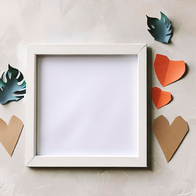 Cadre photo vierge et coeurs et feuilles en papier DIY sur plâtre Décoration intérieure