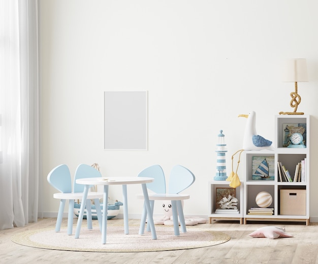 Cadre photo vierge dans une chambre pour enfants lumineuse avec table et étagères pour enfants près de la fenêtre, meubles pour enfants, rendu 3d