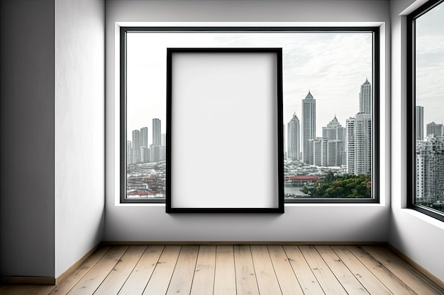 Cadre photo vierge dans la chambre avec sol en bois, mur en béton et fenêtre donnant sur la maquette de Singapour