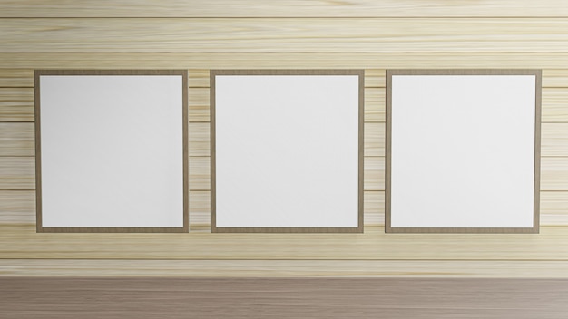 Le cadre photo vierge sur le mur en bois pour le rendu 3d de contenu de fond