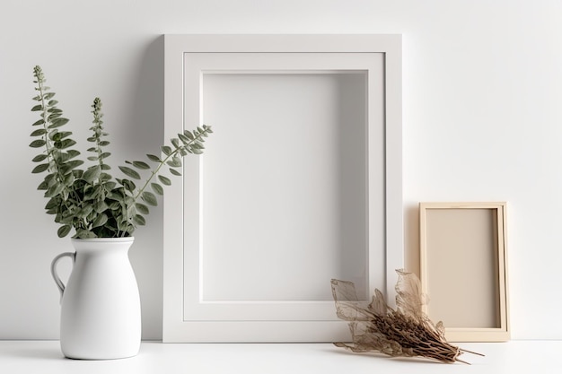 Cadre photo vierge et vase avec plante sèche sur le rebord de la fenêtre blanche