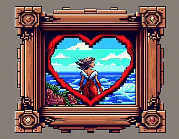 Cadre pixel art saint valentin avec fond coeur dans un style rétro et 8 bits IA générative