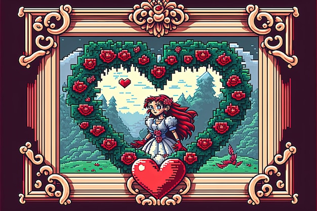 Cadre pixel art saint valentin avec fond coeur dans un style rétro et 8 bits IA générative