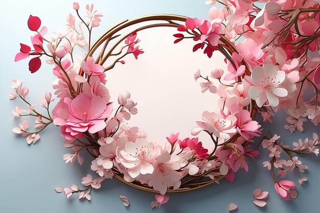 Cadre plat avec branches de fleurs de sakura, feuilles et pétales sur fond de printemps aquarelle