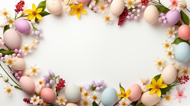 Cadre plat avec des œufs de Pâques et des fleurs de printemps sur fond blanc