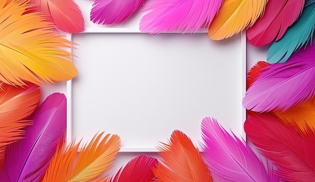 Photo cadre de plumes colorées avec un fond blanc