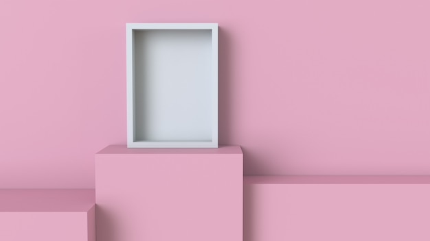 Cadre avec podium cube rose pastel sur fond de mur blanc