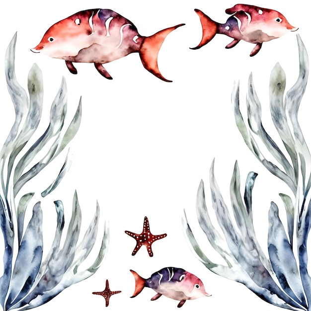 Cadre de poisson aquarelle avec algues et étoiles de mer sur fond blanc