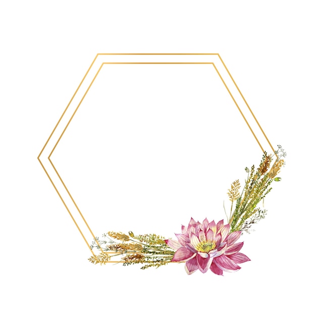 Un cadre polygonal avec des fleurs de lys d'eau et des herbes forestières sauvages Illustration à l'aquarelle sur fond blanc