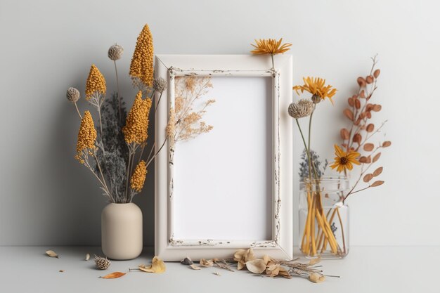 Un cadre de portrait maquette avec une photographie supérieure de fleurs séchées