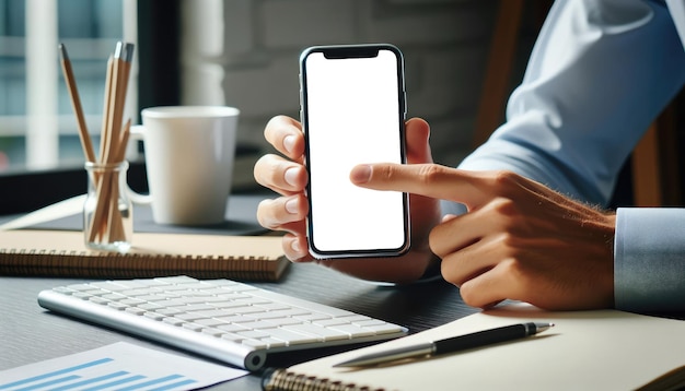 Un cadre professionnel avec une personne tenant un smartphone avec un écran vide entouré de fournitures de bureau et d'un ordinateur portable