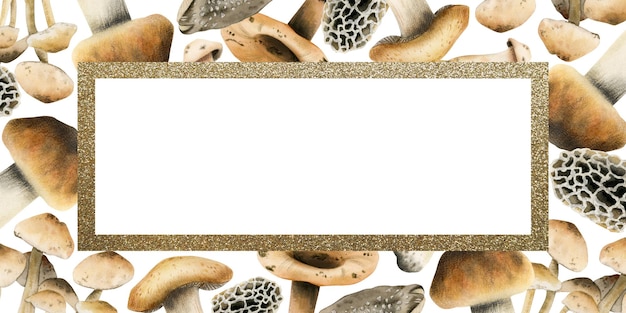 Cadre rectangulaire de champignons comestibles bruns avec illustration aquarelle de bordure dorée Bannière horizontale