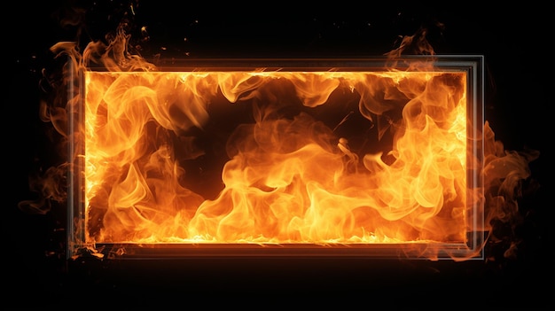 Cadre rectangulaire fait de flammes brûlantes feu en forme de rectangle isolé sur fond noir