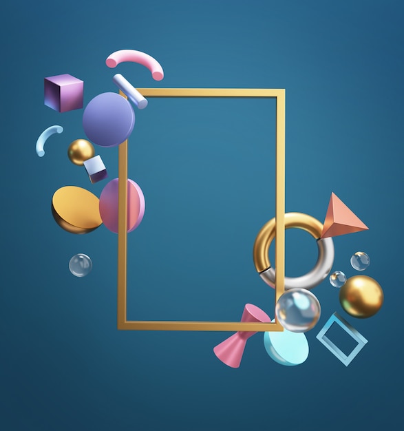 Cadre rectangulaire en or. Espace vide sur le mur Turquoise foncé. Objet de rendu 3D élégant