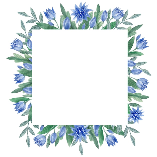 Cadre Romantique De Feuilles Et De Fleurs à L'aquarelle Cadre Carré Vintage Avec Des Fleurs Et Des Feuilles D'herbes