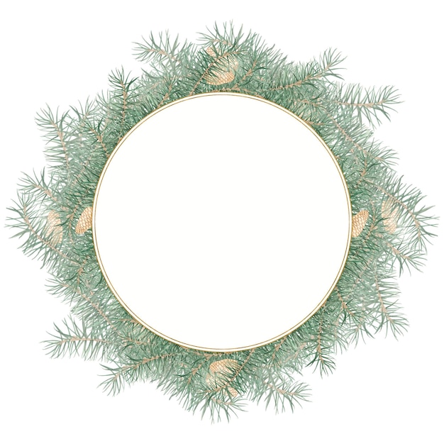 Cadre rond avec des branches de pin et des cônes sur un fond blanc Illustration à l'aquarelle Noël