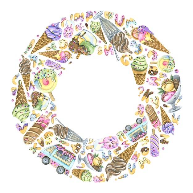 Un cadre rond de crème glacée dans des tasses gaufres cônes popsicles camions de nourriture lettres de biscuits sucrés Illustration aquarelle Une couronne d'un grand ensemble de CRÈME GLACÉE Pour la décoration et le design