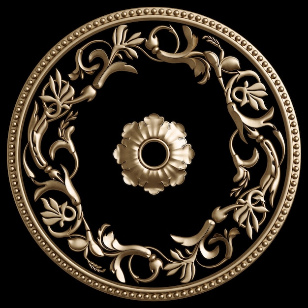 Cadre rond doré classique avec décor d'ornement isolé sur noir