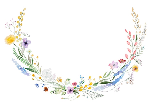 Cadre rond fait de fleurs sauvages aquarelles et de feuilles illustration de mariage et de salutation