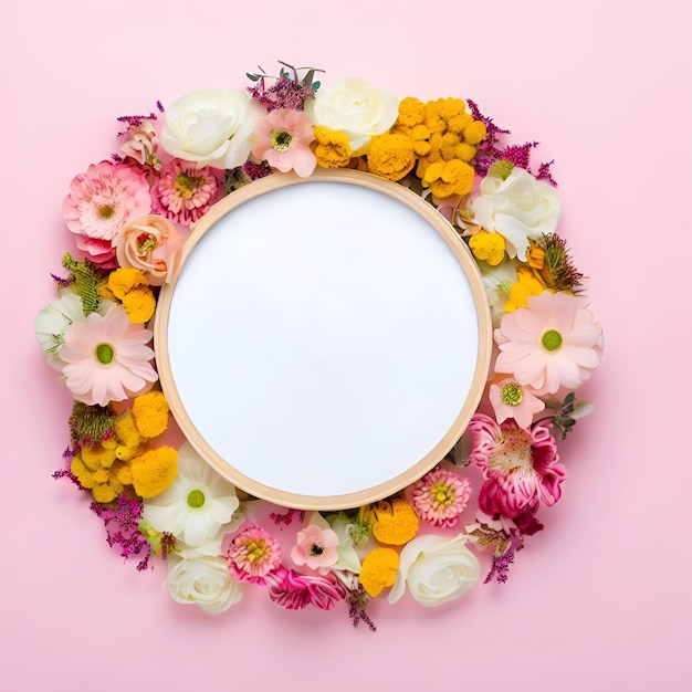 Un cadre rond avec des fleurs sur un fond rose