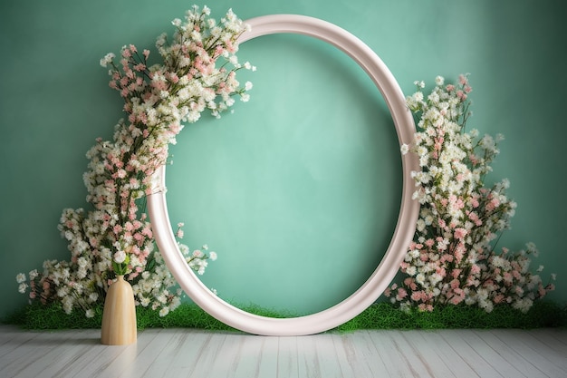 Un cadre rond avec des fleurs roses devant un mur végétalisé