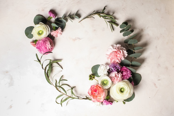 Photo cadre rond floral avec branches et feuilles d'eucalyptus, fleurs plates, vue de dessus avec espace de copie