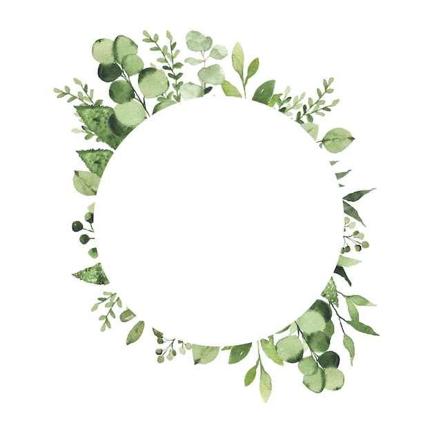 Cadre rond géométrique aquarelle avec verdure feuilles branche brindille plante herbe flore isolée