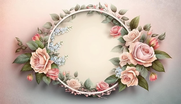 Un cadre rond avec des roses et des feuilles.