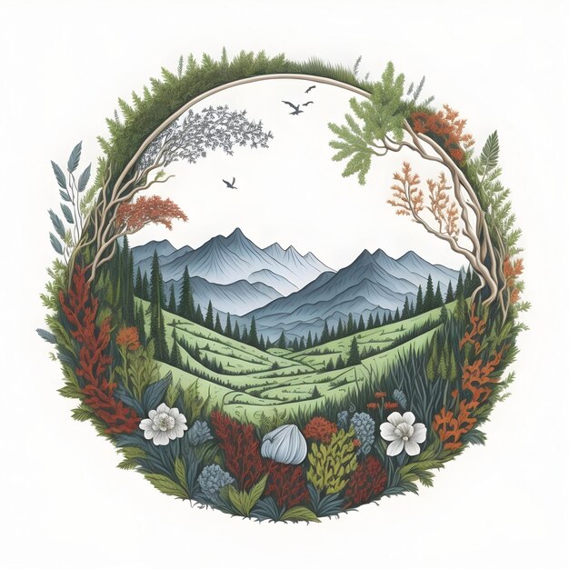 Cadre rond vintage avec des montagnes, des arbres et des fleurs illustration dessinée à la main
