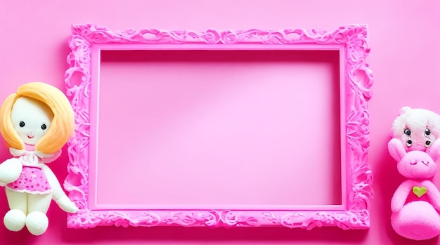 Photo cadre rose avec fond d'espace de copie de jouets pour enfants