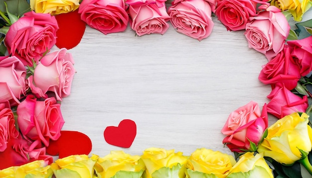 Un cadre de roses colorées avec un coeur dessus