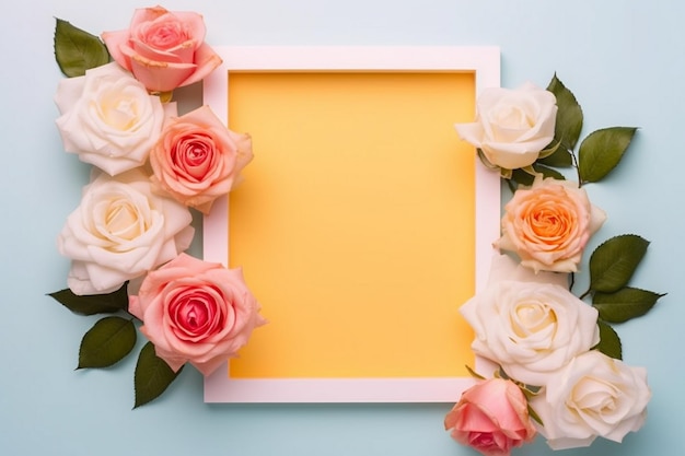 Un cadre avec des roses dessus et un fond jaune