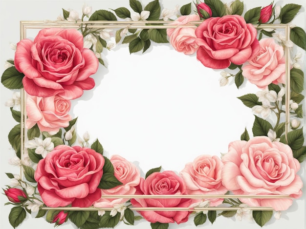 Photo cadre avec des roses en fleurs dessinées à la main isolées sur un fond transparent