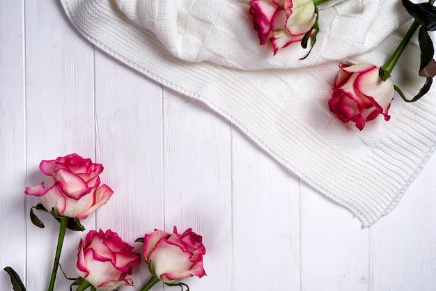 Cadre de roses avec plaid sur fond blanc en bois