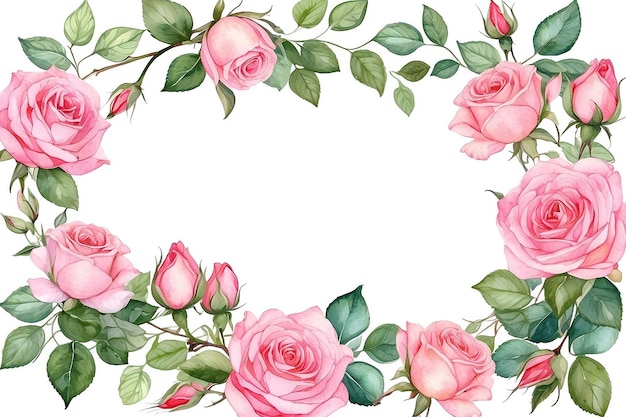 Photo cadre de roses roses à l'aquarelle illustration botanique isolée sur un fond blanc fleurs dessinées à la main