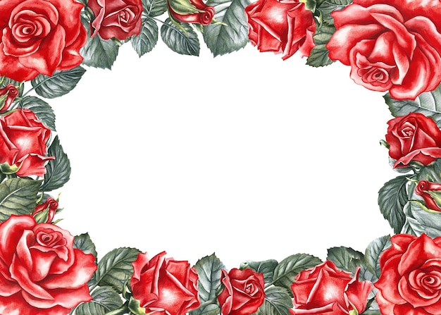 Un cadre avec des roses rouges Illustration aquarelle dessinée à la main Conception de cartes de fleurs